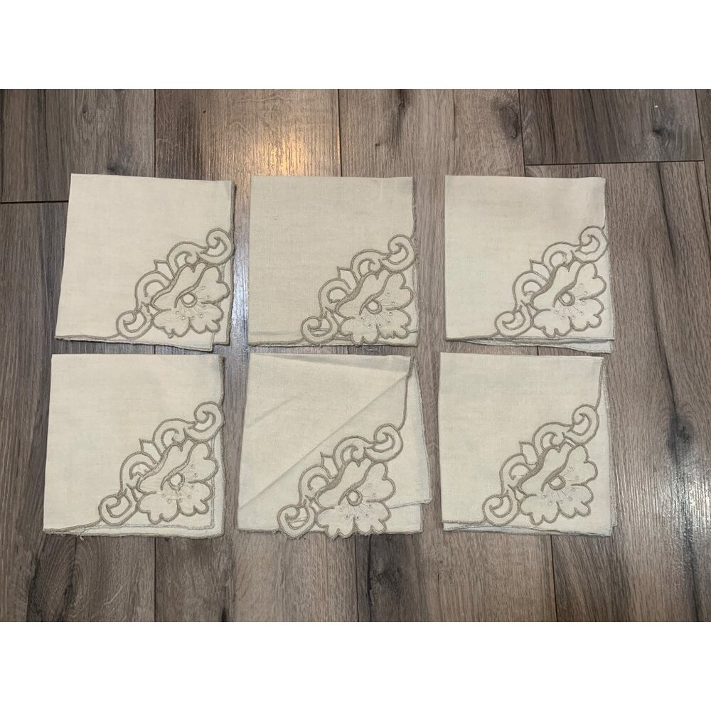 Vintage Set of 6 Muslin Table Cloth Napkins Beige Tan Embroidery Hand Sewn Cutou